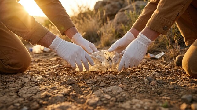 People wearing gloves picking up litter from the ground