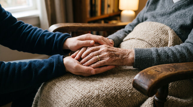 Grandchild hands holding elderly person weathered hand resting on wooden armchair in living room environment for family support and love.