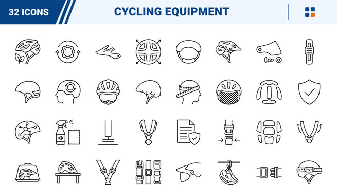 Mountain bike helmet line icon set. Vector pictograms of protection, headwear, safety, and cycling elements, thin linear illustration.