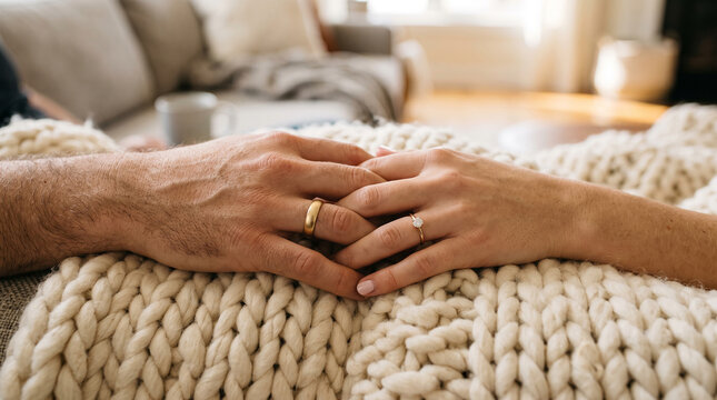 Married couple holding hands wearing gold wedding bands over chunky white knitted wool blanket in bright warm bedroom for cozy relaxation.
