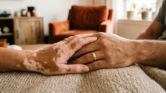 Two hands with wedding rings holding each other on knitted blanket to express love comfort and support between couple at cozy home.