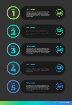 5 steps horizontal dark rounded rectangle banners infographic template with circular badges over dark background