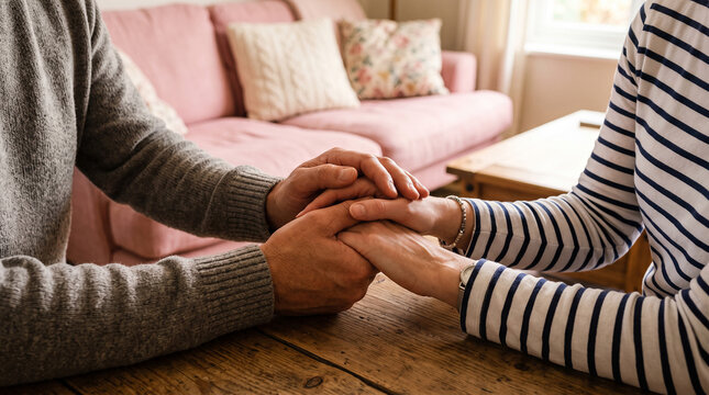 Man holding hands with woman wearing striped shirt on wooden table to show support and comfort during heartfelt conversation at home.