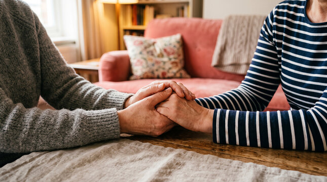 Two people hold hands affectionately across rustic wooden table inside cozy home setting with warm lighting providing comfort and support.