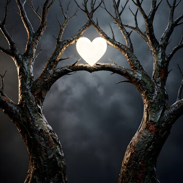 
Dark fantasy romantic heart-shaped tree arch with glowing city skyline background