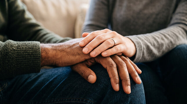Close view of caucasian woman hand resting on african american man hand providing support and comfort on dark denim jeans background.