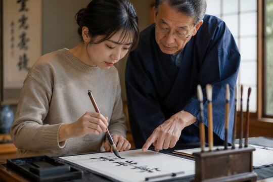 Young japanese woman learning traditional calligraphy from senior master