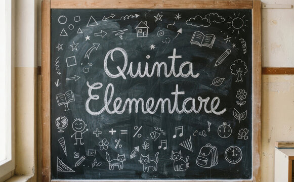 Quinta elementare lavagna con disegni scolastici per educazione e apprendimento