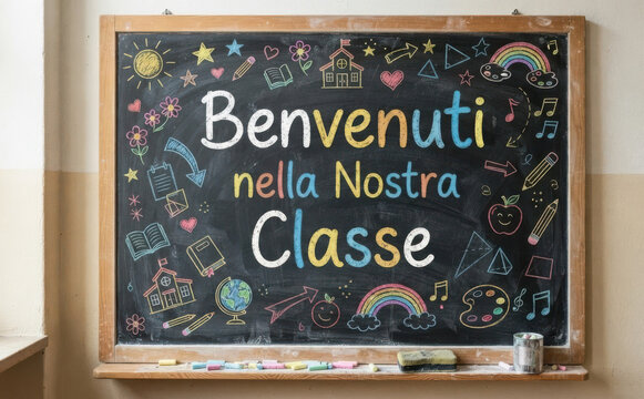 Benvenuti nella Nostra Classe - Lavagna scolastica con scritta colorata per il primo giorno di scuola e accoglienza