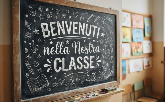 BENVENUTI nella Nostra CLASSE lavagna scolastica con scritta benvenuto in italiano per scuola e educazione