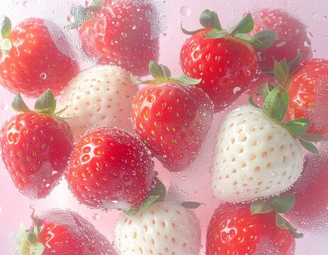 Red and White Strawberries Behind Frosted Glass