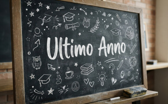 Ultimo Anno lavagna scolastica con disegni educativi per feste di fine scuola e maturita
