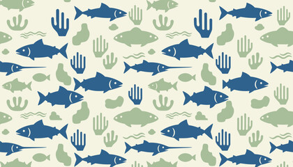 Obraz premium Seamless vector pattern of various blue and green fish swimming among stylized sea corals on a light beige background.
