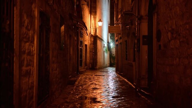 Narrow stone alleyway in old town at night illuminated by warm vintage street lamps.