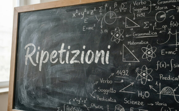 Ripetizioni scritte su lavagna con formule matematiche e concetti scolastici per lezioni private e studio