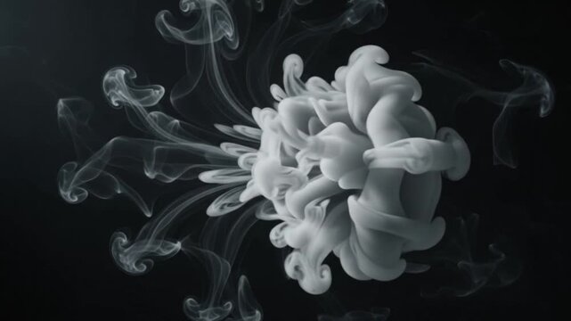 Spherical white ink explosion forming intricate cloud structure on black