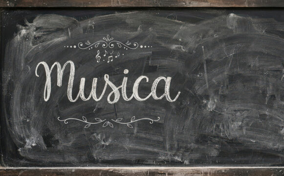 Musica scritta con il gesso su una lavagna nera con decorazioni musicali ideale per la scuola