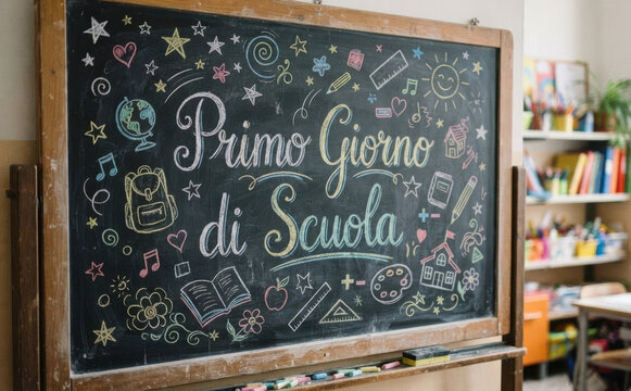 Primo Giorno di Scuola lavagna con disegni colorati, concetto di educazione e ritorno a scuola per studenti e bambini