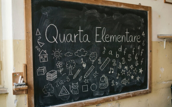 Quarta Elementare - Lavagna scolastica con disegni di bambini, lettere, numeri e concetti educativi per la scuola