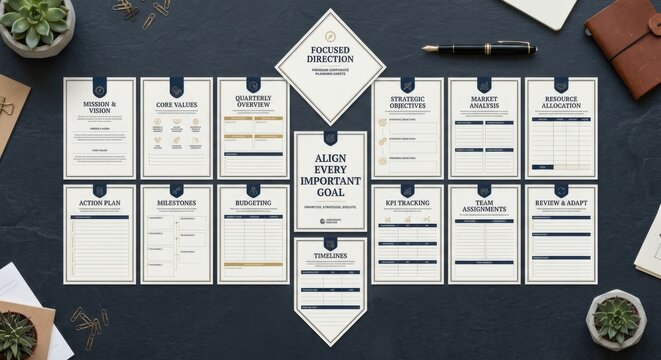 Strategic Business Planning Documents Arranged for Focused Direction and Goal Alignment