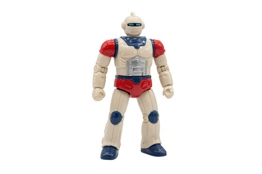 Retro style plastic robot toy with red shoulders, blue waist, and blue knee pads, isolated on a white background, for vintage toy collectors