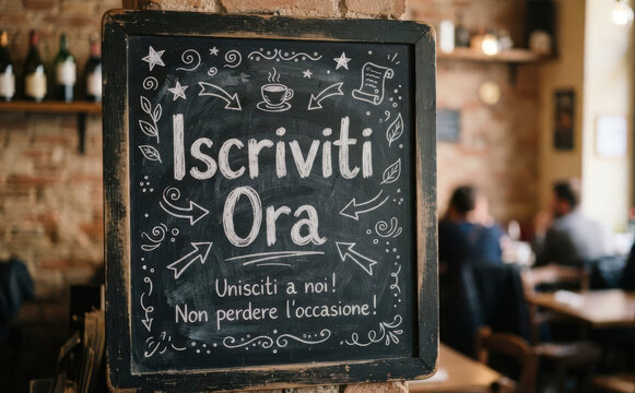 Iscriviti ora lavagna con scritta in italiano per marketing e comunicazione aziendale