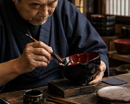 Traditional japanese urushi lacquer artisan decorating handcrafted bowl