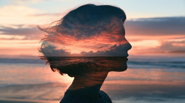 Creative double exposure silhouette of woman head with ocean wave and colorful sunset sky blending artistic concept of nature and human mind