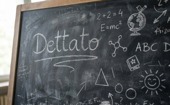 Dettato scritto sulla lavagna con formule ed equazioni per lezioni di scuola ed educazione scolastica