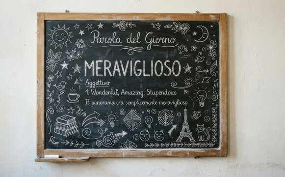 Meraviglioso parola del giorno lavagna scolastica con significato in lingua italiana per educazione e apprendimento