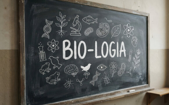 Bio-logia scritta su lavagna scolastica con disegni scientifici di biologia per educazione e studio