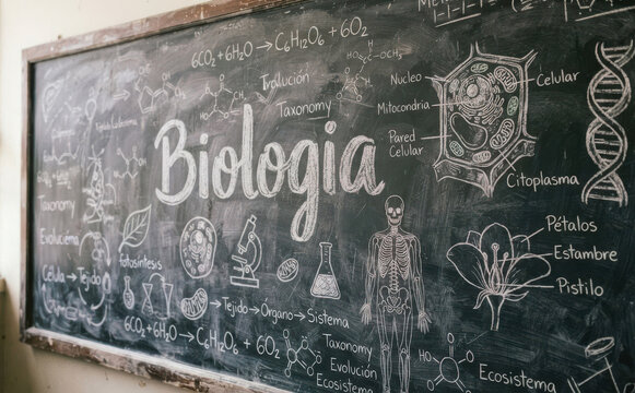 Biologia lavagna scolastica con formule e disegni anatomici per studio scienza