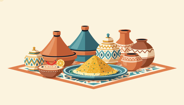 Traditional moroccan tagines and couscous served on beautiful ceramic plates over a colorful patterned eastern rug.