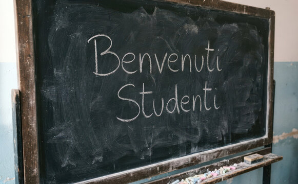 Benvenuti studenti lavagna di scuola con scritta in gesso bianco concetto di educazione e ritorno a scuola