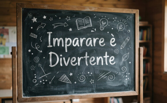 Imparare e Divertente, lavagna con scritta educativa e scolastica per apprendimento