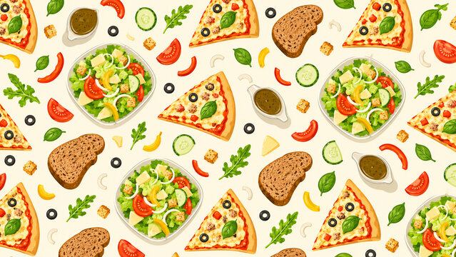 Pizza and Healthy Food Pattern with Salad and Whole Grain Bread