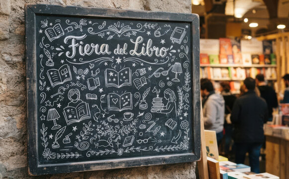 Fiera del Libro lavagna con disegni e scritta in italiano per eventi letterari e librerie