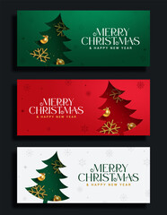 Naklejka premium Christmas Tree Holiday Card Banner Clipart Set. Christmas greeting card collection featuring Christmas tree shapes clip art with golden ornaments and snowflake decorations in green, red and white 