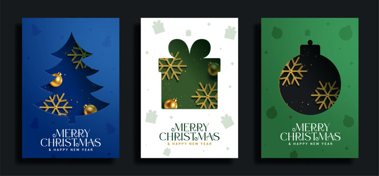 Merry Christmas Holiday Card Poster Clipart Set. Modern Christmas greeting card collection with paper cut shape of Christmas tree, gift box, ornament and golden snowflake clip art decorations in blue
