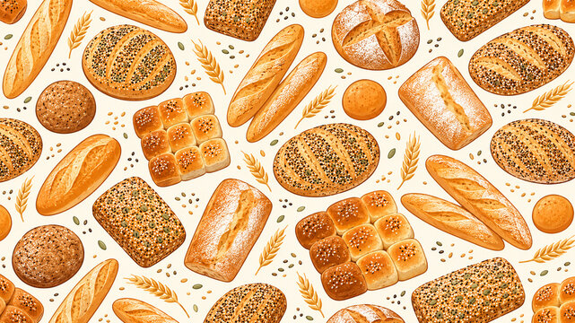 Seamless Artisan Bread Pattern with Baguettes Seeded Loaves and Bakery Rolls