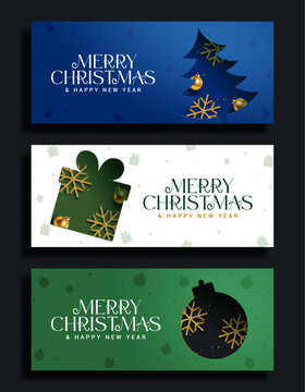 Merry Christmas and Happy New Year Holiday Banner Clipart Set. Christmas banner collection featuring Christmas tree, gift box, ornament and golden snowflake clip art decorations in blue, green 