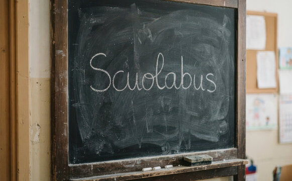 Scuolabus scritto sulla lavagna per progetti scolastici educativi e trasporti per bambini