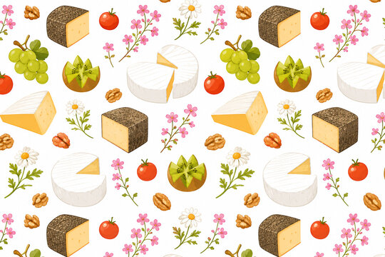 Seamless food pattern featuring cheese, grapes, kiwi, tomatoes, walnuts, daisies and pink flowers on a white background. Decorative surface design for packaging, textiles and wallpaper.
