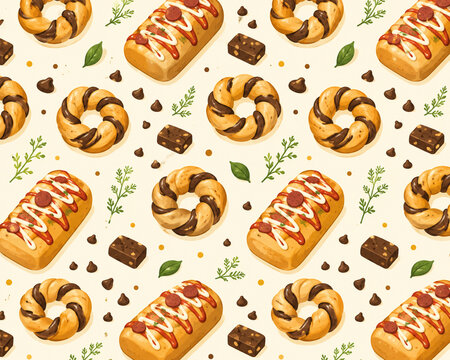 Seamless bakery pattern featuring braided pastries, savory bread, chocolate pieces, sauce and herbs on a warm cream background for packaging and textile design.