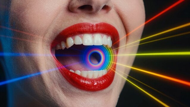 Close-up of a person's mouth with red lips, bright teeth, and vibrant rainbow vortex effect