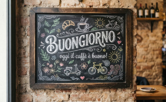 Buongiorno oggi il caffe e buono, lavagna con scritta in italiano, concetto di buongiorno e colazione al bar