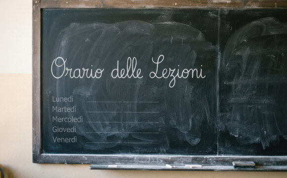 Orario delle Lezioni scritto su una lavagna nera. Concetto di educazione scolastica e pianificazione delle lezioni settimanali per studenti.