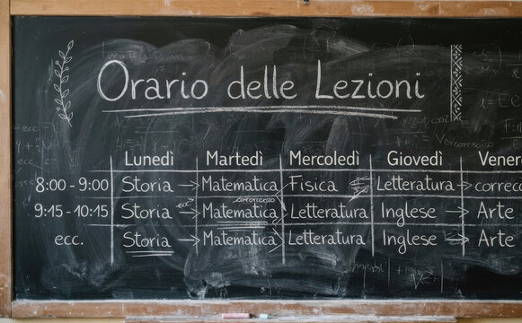 Orario delle Lezioni scritto sulla lavagna scolastica, programma di studio e pianificazione educativa per studenti e insegnanti