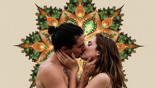 Intimate Kiss with Vibrant Mandala Background