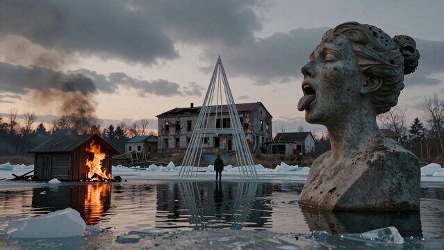 Desolate Winter Landscape with Burning Shack, Abandoned Buildings, and Weathered Statue